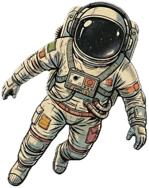 Halftone illustration of an astronaut adrift, holding a bouquet
